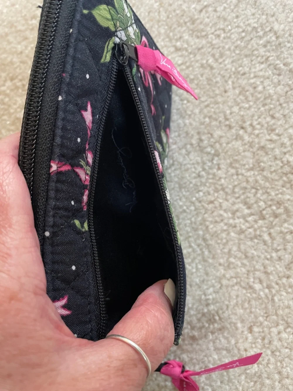 New Condition-Vera Bradley Black Quilted Wallet with Pink Ribbon & Green Floral - Picture 5 of 5